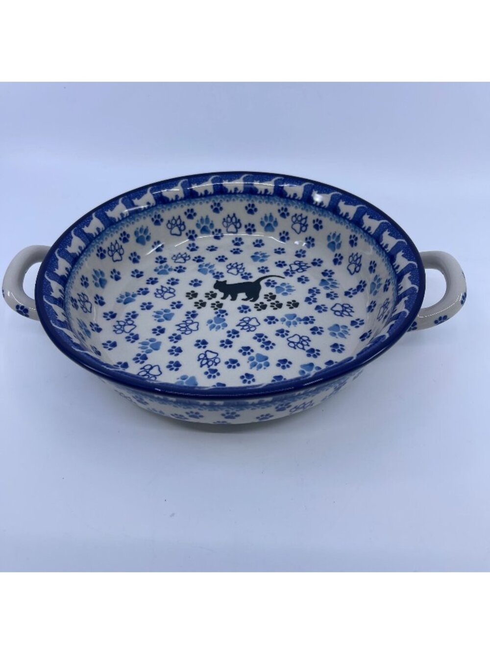 handmade polish pottery baker with 2 handles boo boo kitty paws pattern